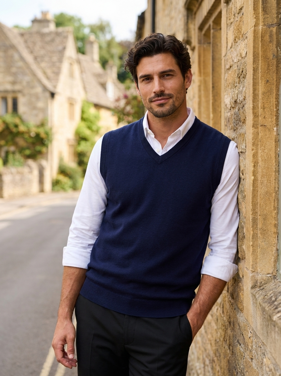 Men's cotton V-neck knit sweater with long sleeves and a relaxed casual fit