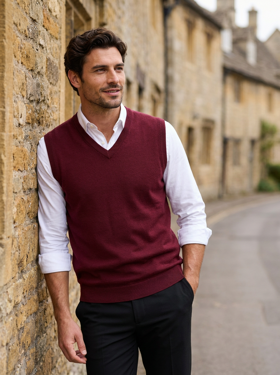 Men's bordeaux cotton V-neck knit sweater with long sleeves in a comfortable regular fit