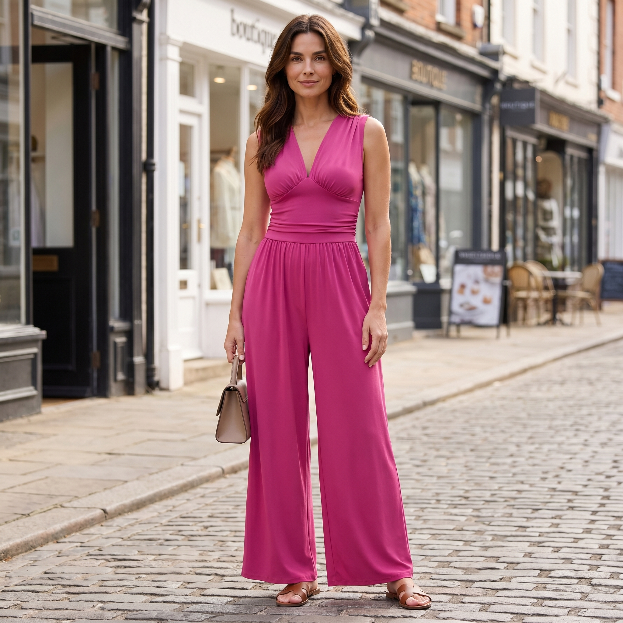Women's wide-leg sleeveless jumpsuit in rose red, sleeveless loose-fit casual style