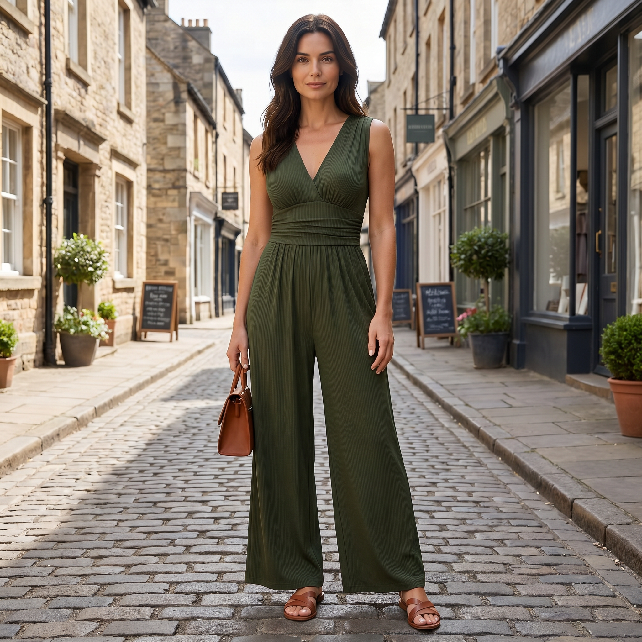 Women's wide-leg sleeveless jumpsuit in army green, casual loose-fit full-length style