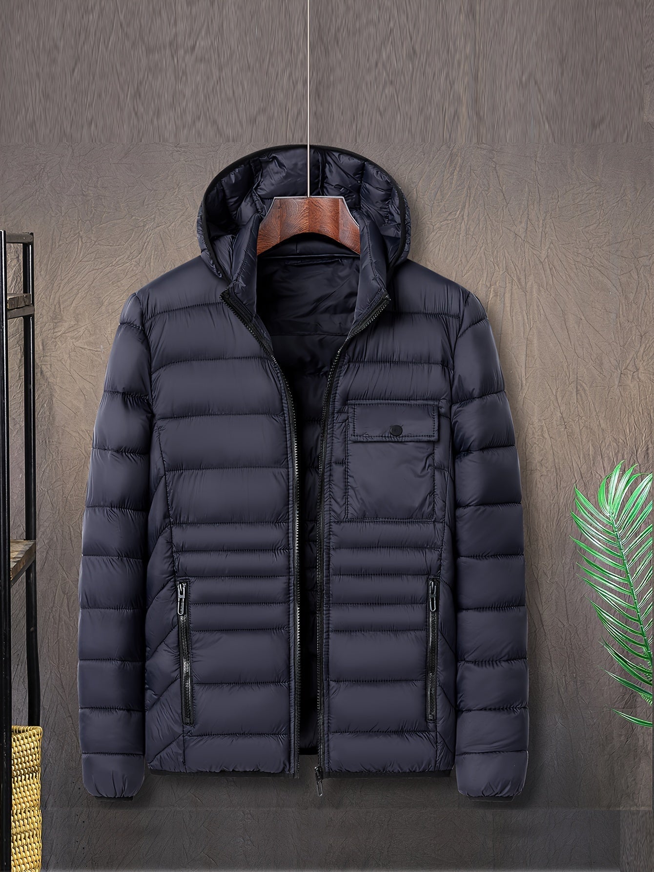 padded hooded jacket showing zipper closure and pocket details