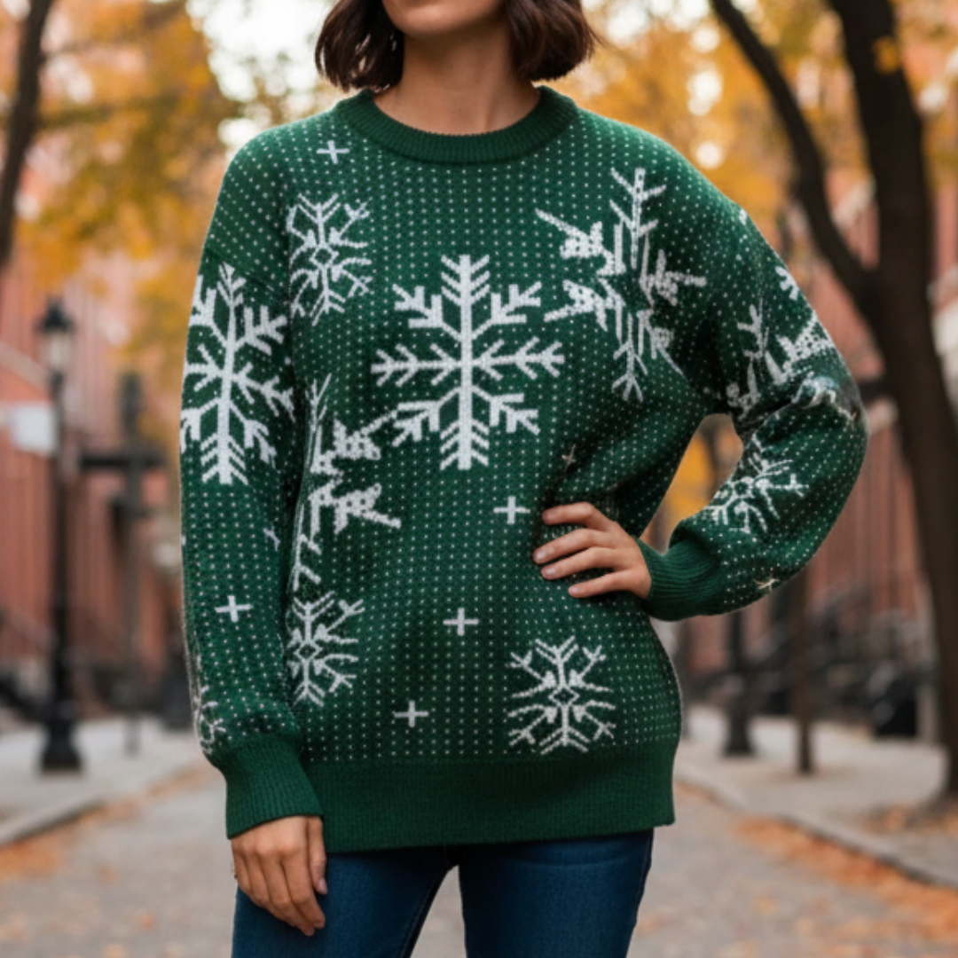 Pull de Noël Vert Femme Motif Flocons de Neige