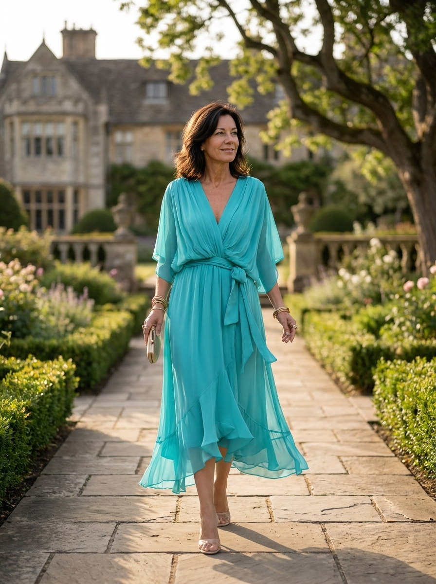 Women's sky blue V-neck chiffon midi dress with long sleeves and sash closure