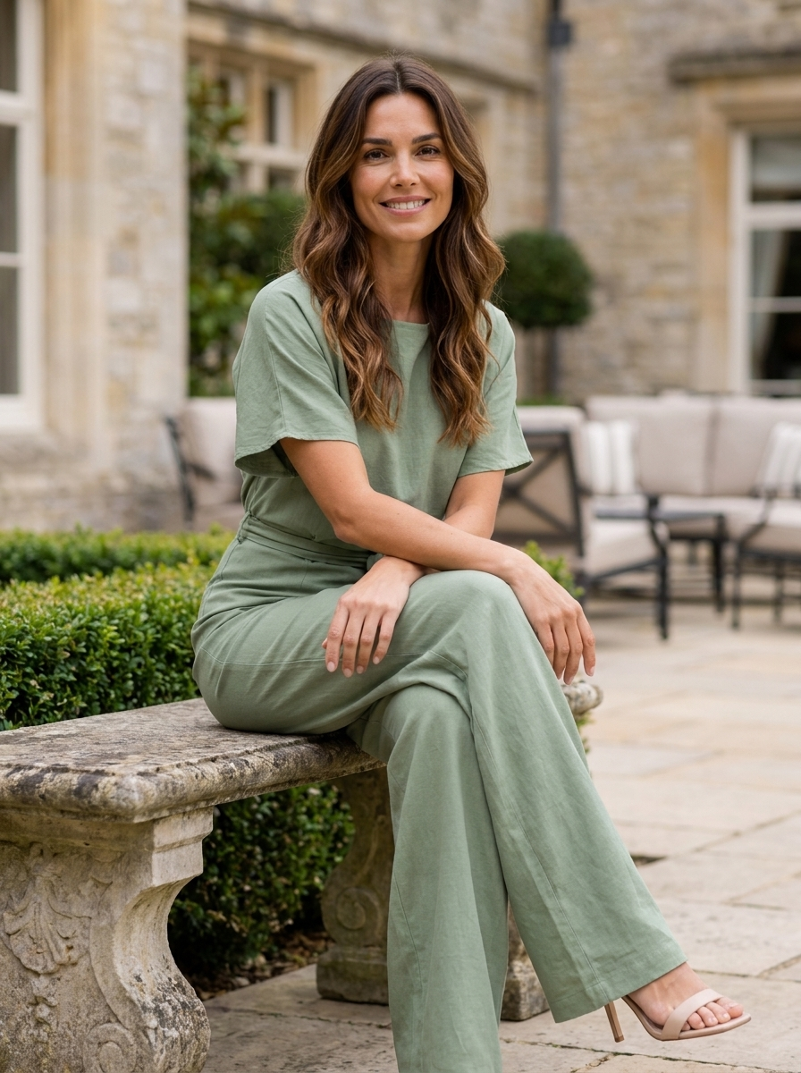 Woman in a green outfit sitting on a stone bench outdoors.