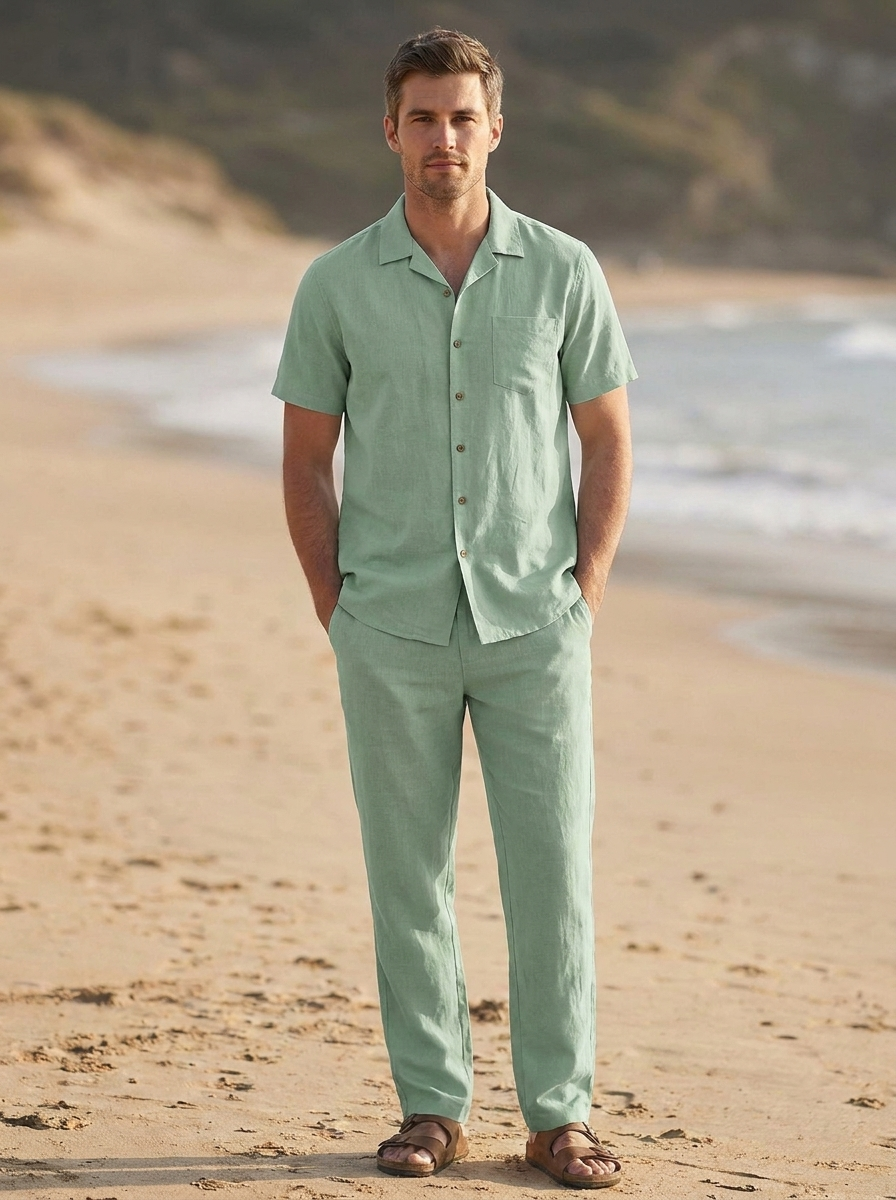 Men's coordinated outfit with a short sleeve shirt and relaxed fit trousers