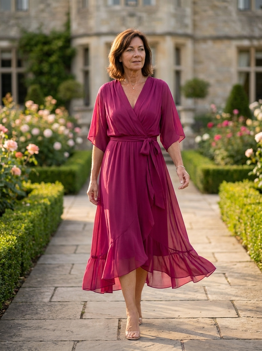 Women's purple V-neck chiffon midi dress with long sleeves and sash closure