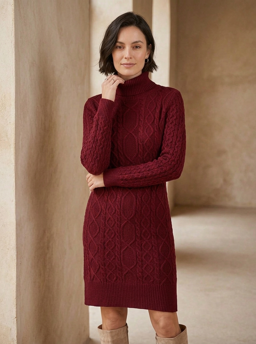 Cable knit turtleneck sweater dress for women