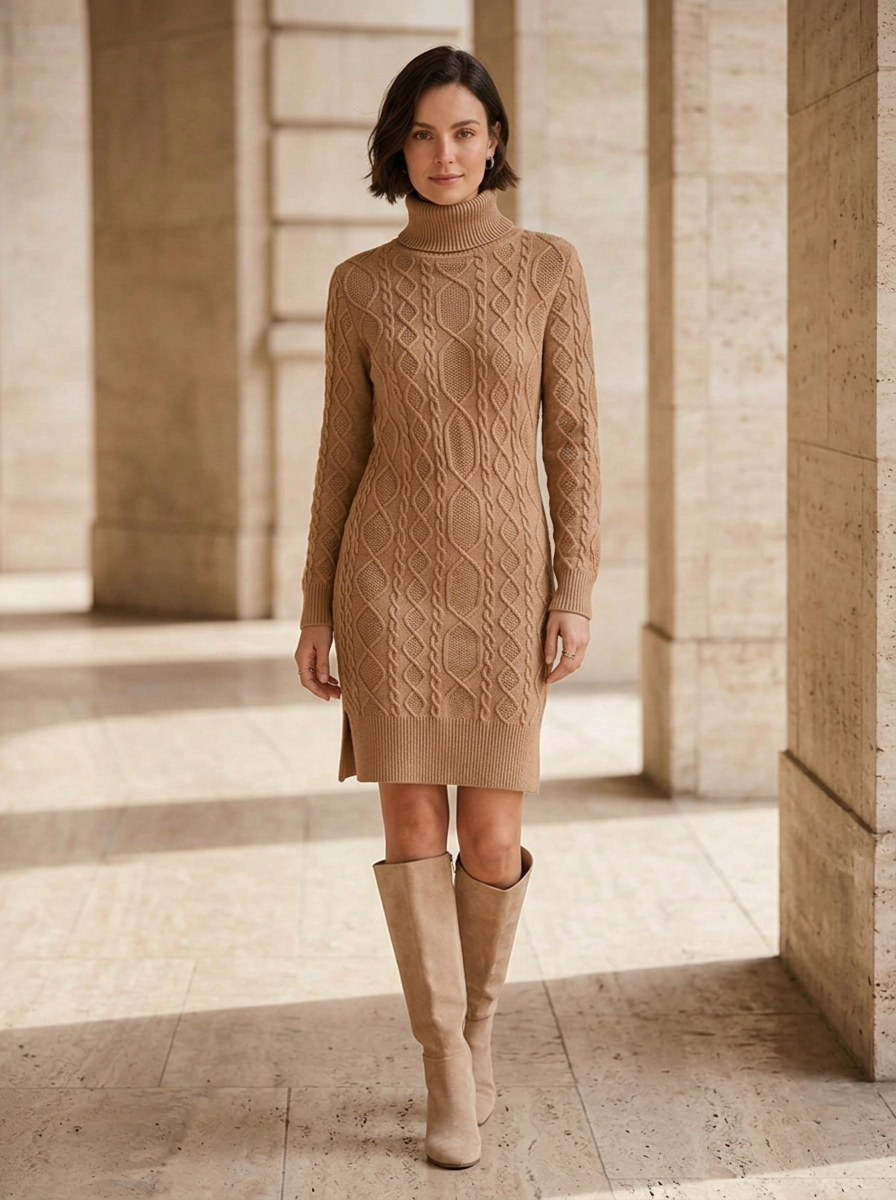 Warm cable knit dress for autumn and winter