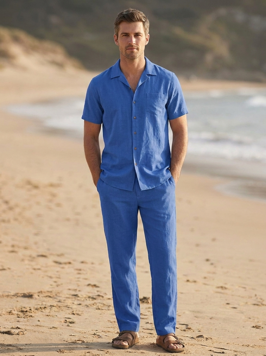 Coordinated summer outfit featuring a short sleeve Cuban collar shirt and matching trousers