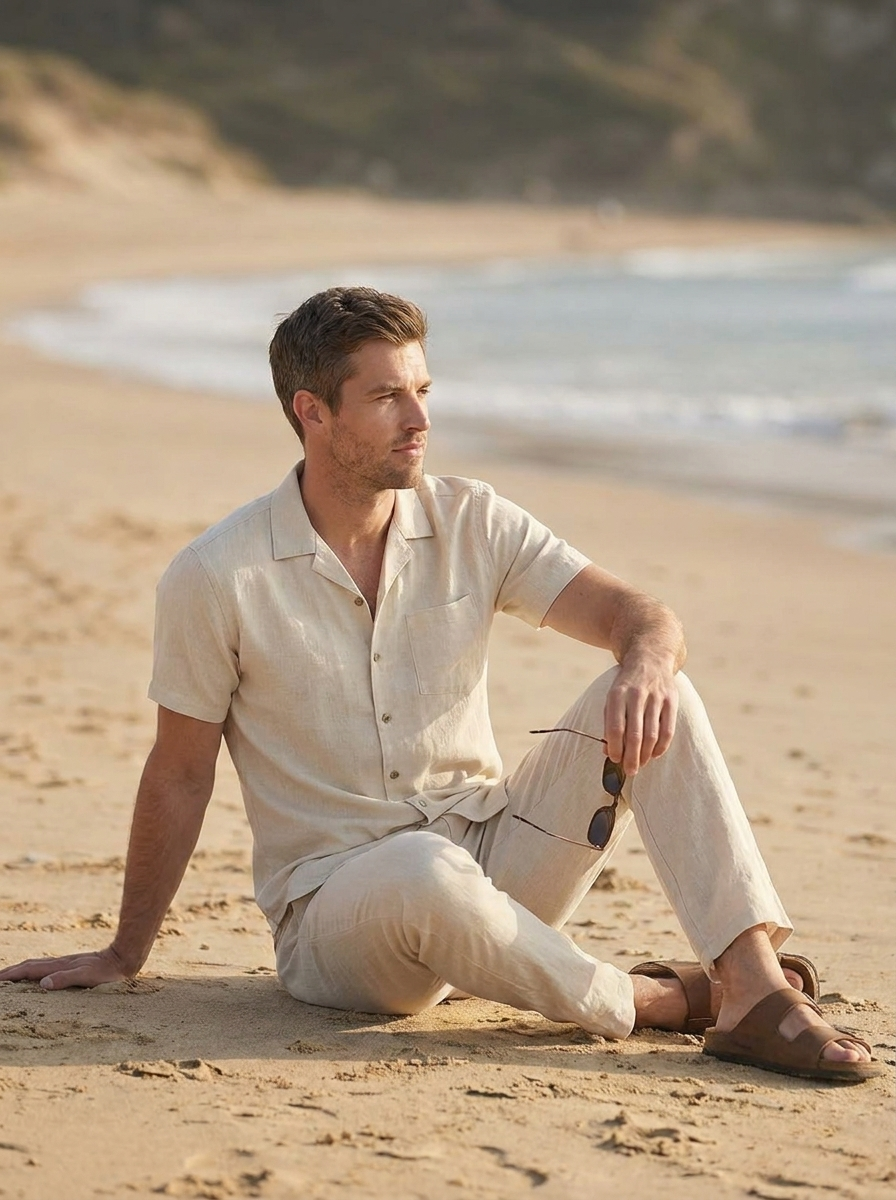 Casual two-piece outfit with a button-up shirt and elastic waist trousers for everyday comfort