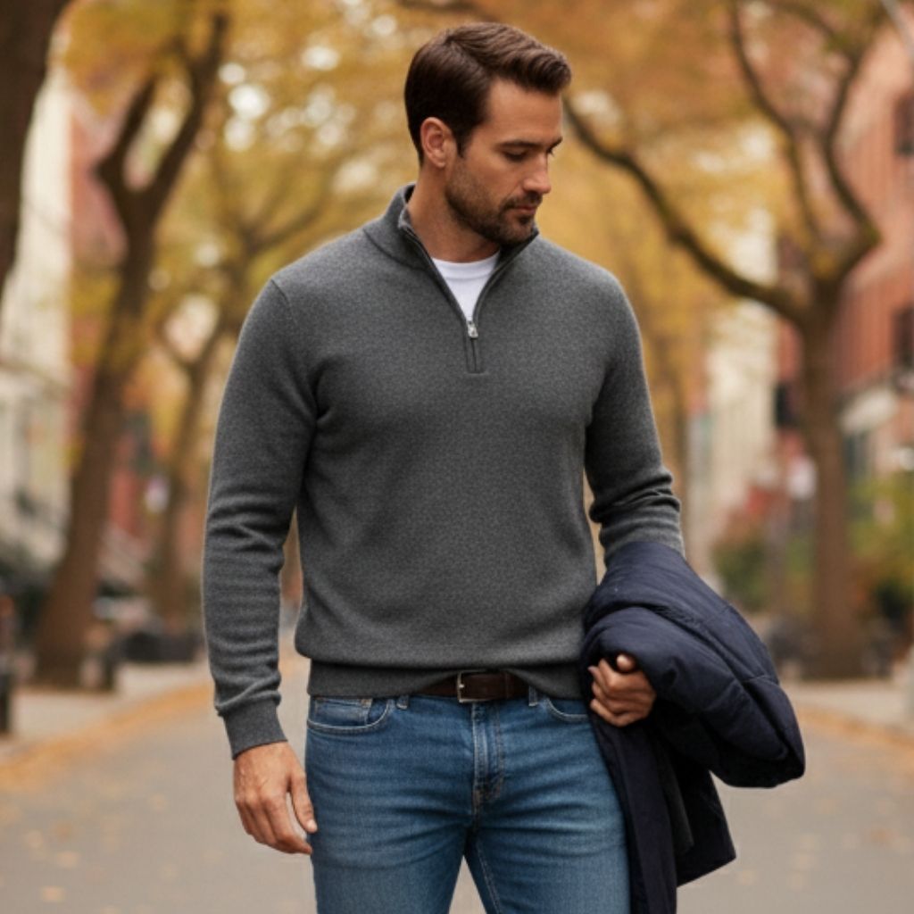 Pull Col V Zippé en Merino Doux Homme