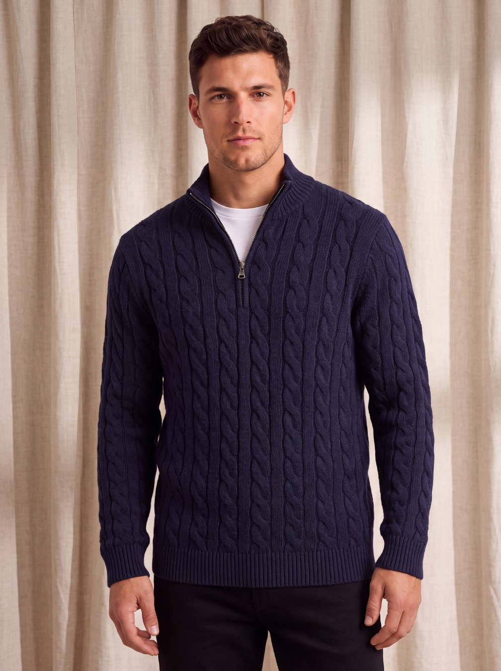 Wool blend cable knit half zip jumper men