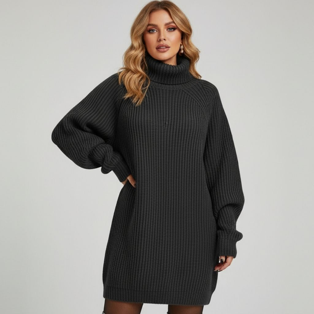 Robe Pull à Col Roulé Côtelé Coupe Slim Femme