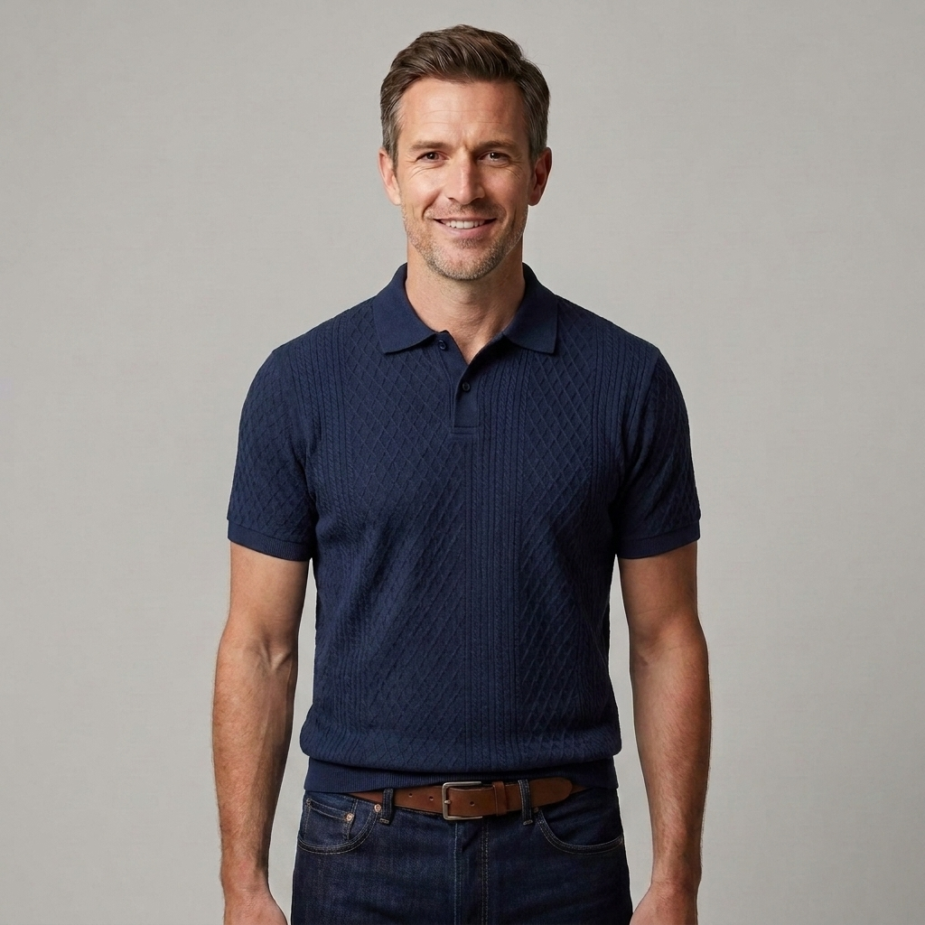 Men's short sleeve ribbed polo shirt with a three-button placket and fitted silhouette for smart casual wear