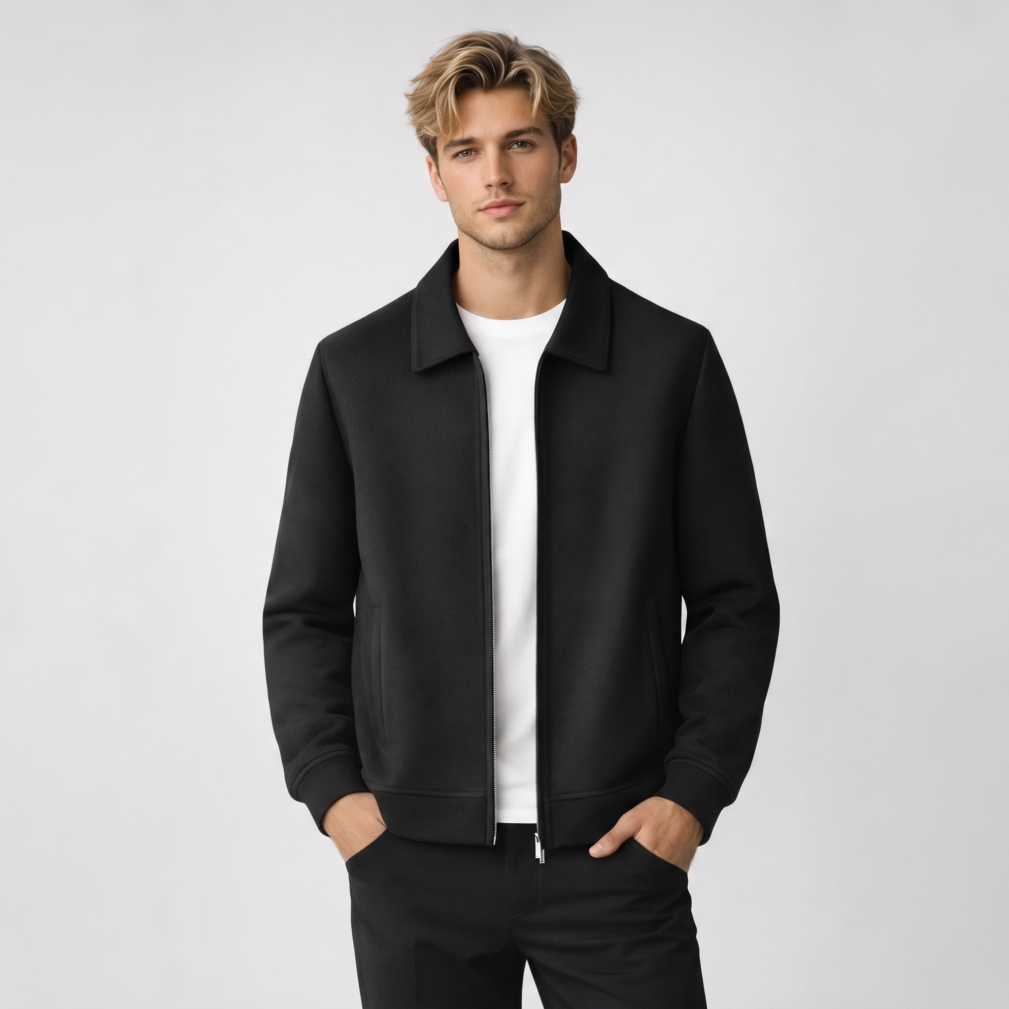Front view of a men's casual zip front jacket with a classic collar and lightweight woven construction