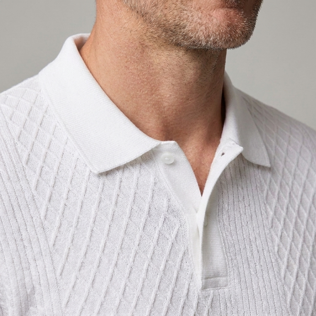 Front view of a fitted ribbed knit polo shirt with a contrast tipped polo collar and short sleeves