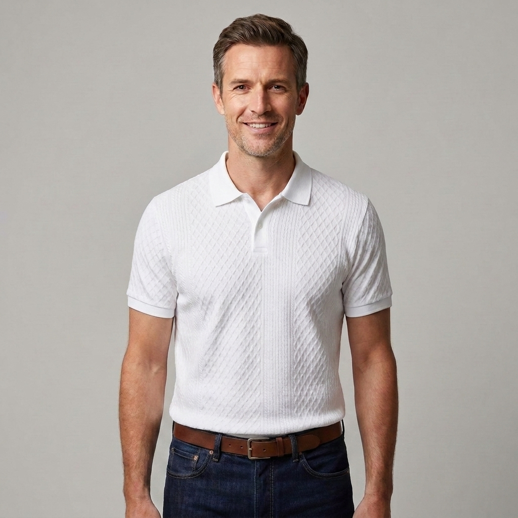Men's ribbed knit polo shirt featuring contrast trim on the collar and sleeve cuffs with a button placket