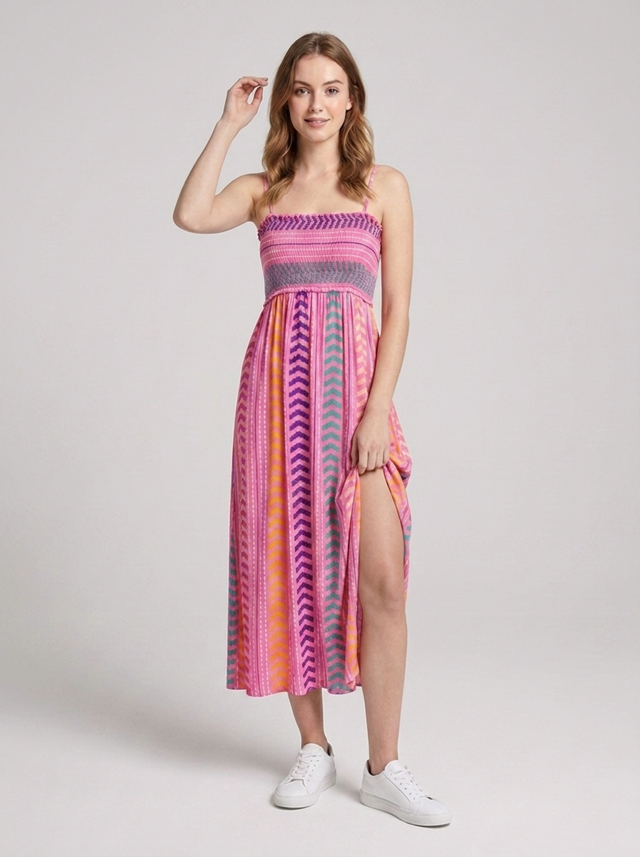 Floral maxi dress with a smocked bodice and sleeveless design for summer holidays