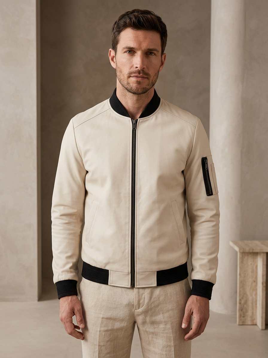 Men's central zip bomber jacket fitted cut