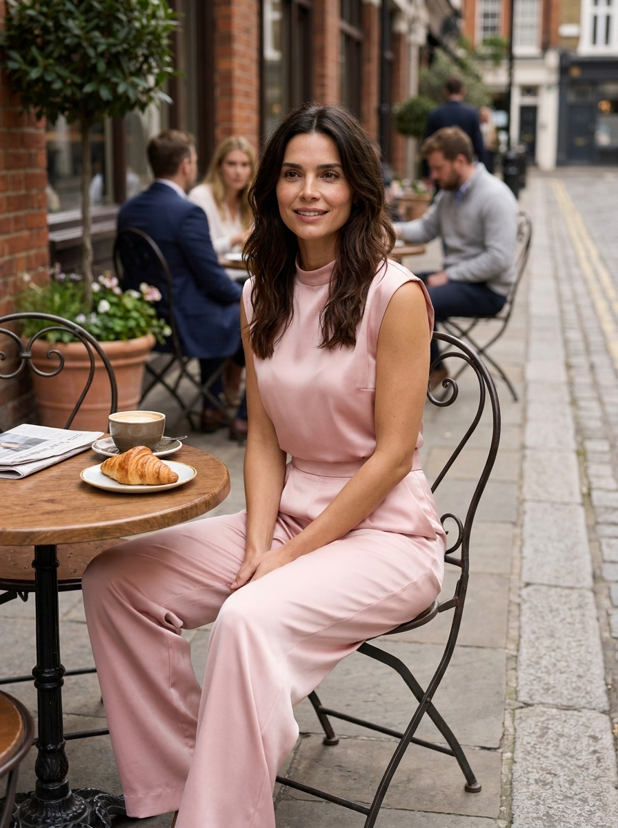  Pink satin-look open back jumpsuit for women with relaxed fit and wide-leg silhouette