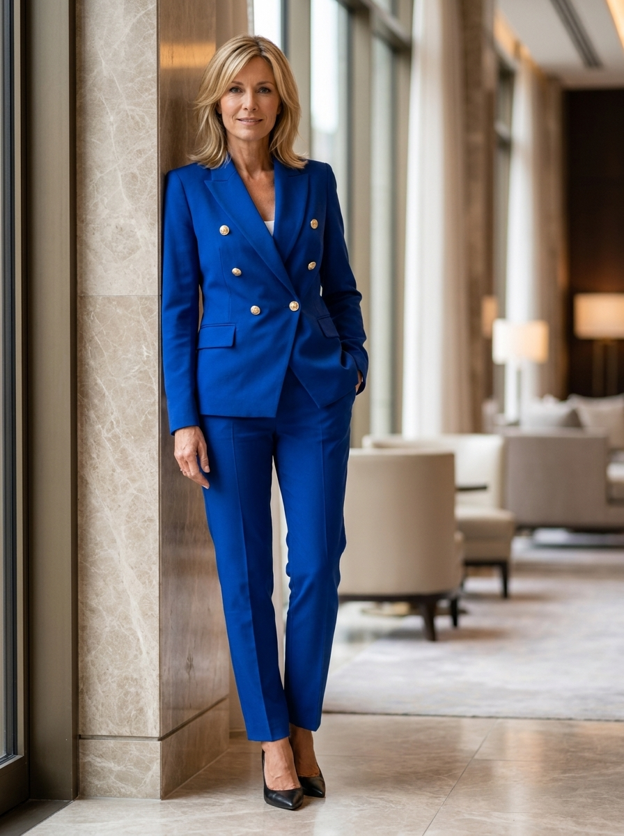 Women's tailored blazer trouser suit set with double-breasted blazer styling