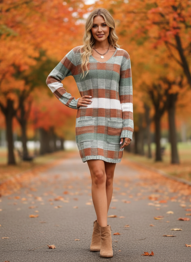 Robe Courte à Carreaux en Maille pour Femme