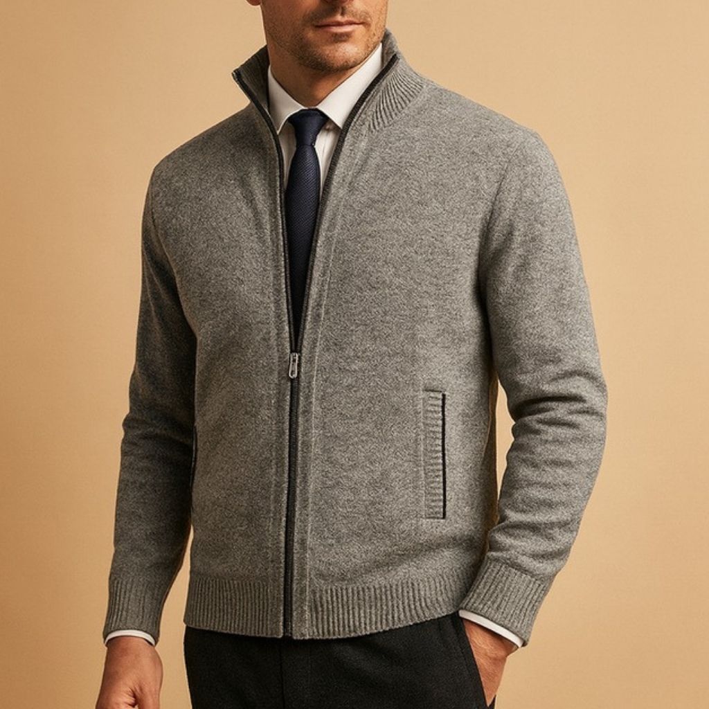 Cardigan à Col Côtelé Zippé Coupe Slim Homme