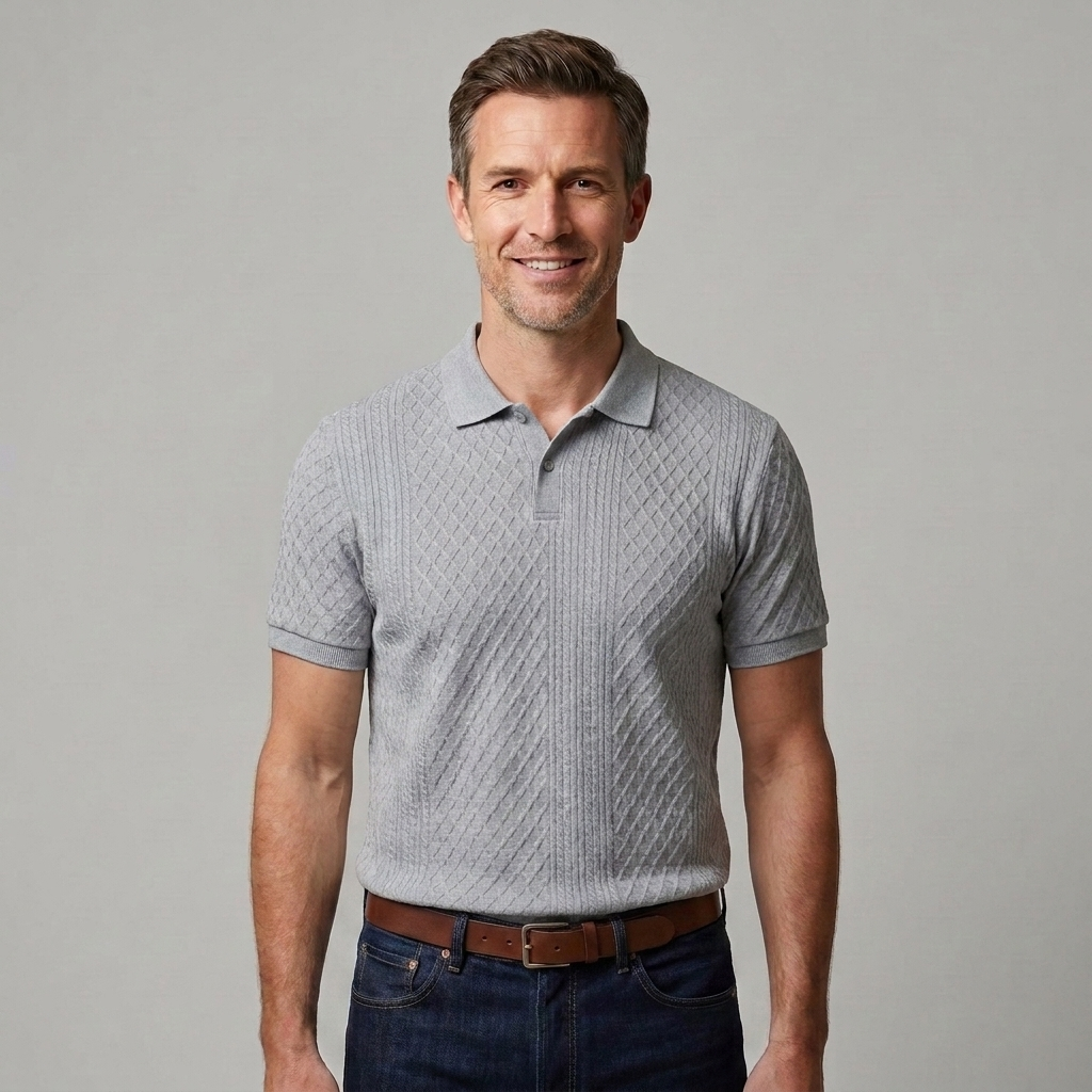 Classic short sleeve polo shirt with fine vertical ribbed texture and contrast trim detailing throughout