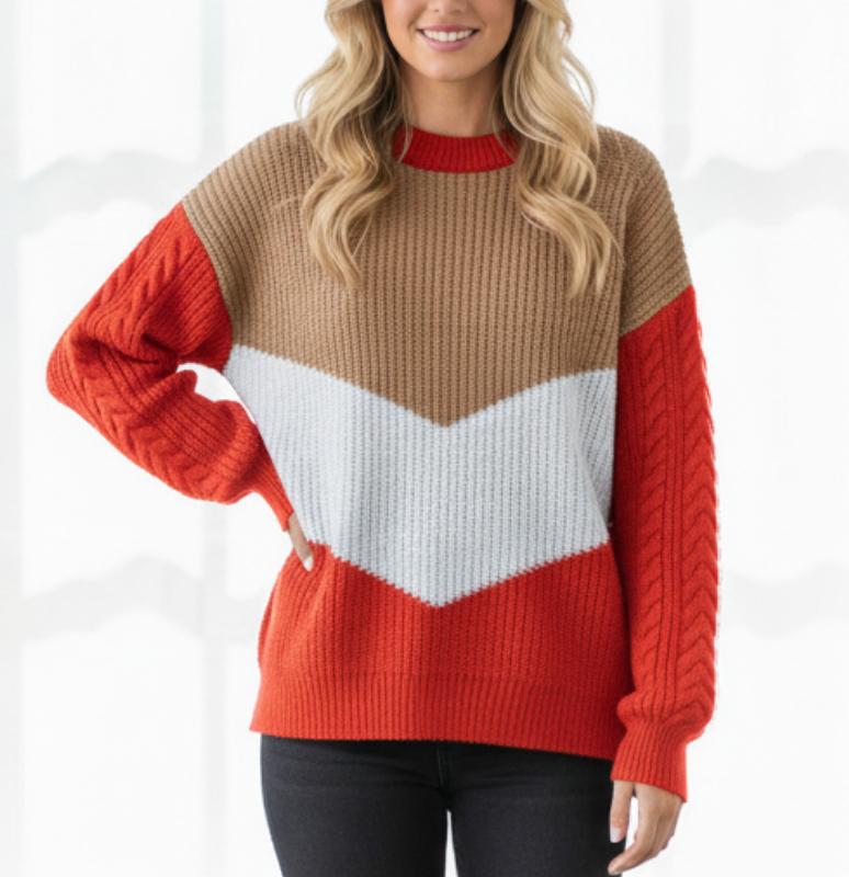 Pull en Maille à Blocs de Couleurs et Manches Torsadées pour Femme