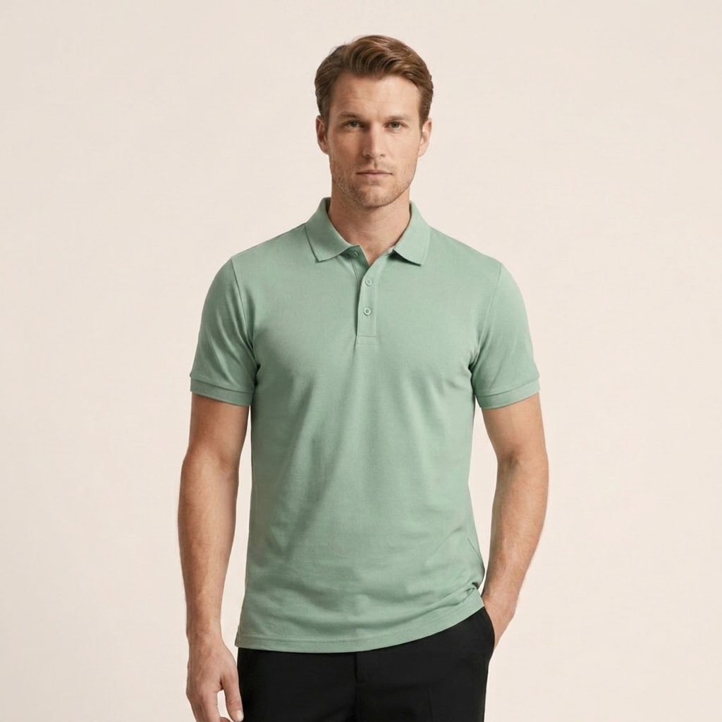 Full-length front view of a regular fit men's polo shirt styled with a classic straight silhouette