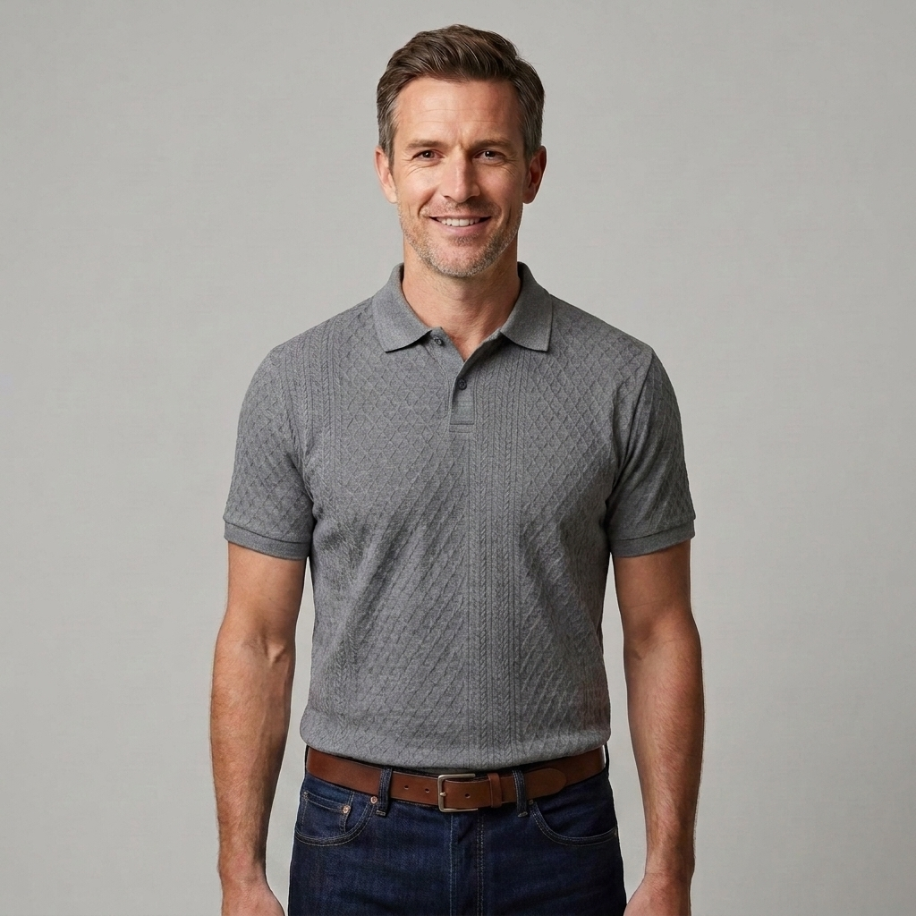 Fitted men's ribbed knit polo shirt tucked into jeans highlighting the structured silhouette and straight hem