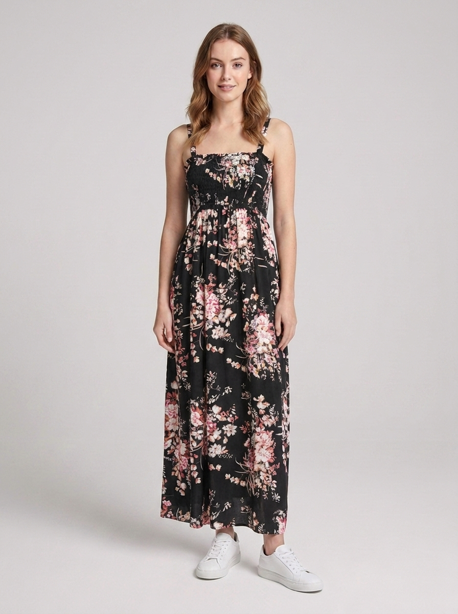 Women's sleeveless maxi dress with a floral pattern and comfortable pull-on design