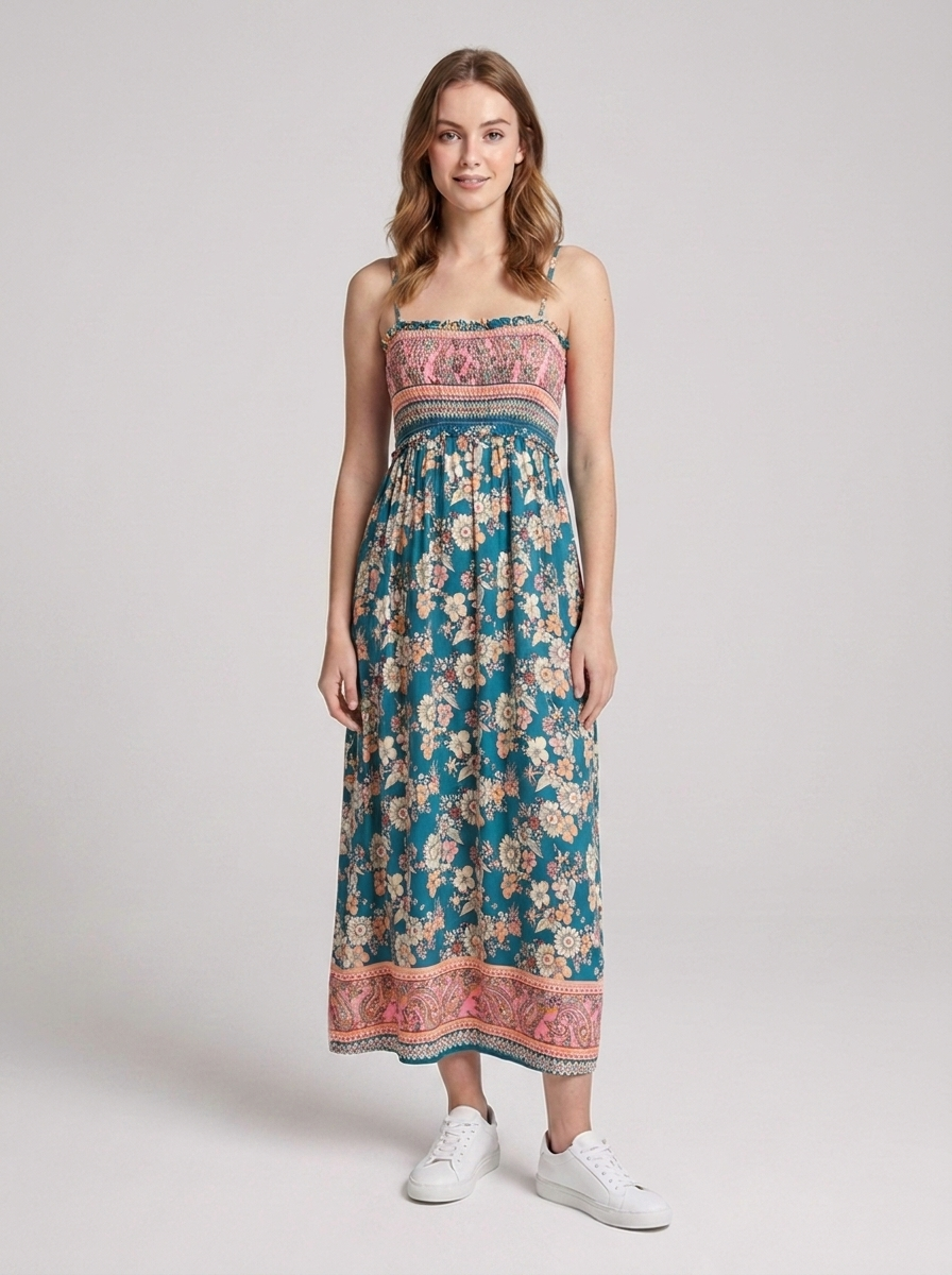 Women's bohemian maxi dress featuring a floral print and lightweight flowing silhouette