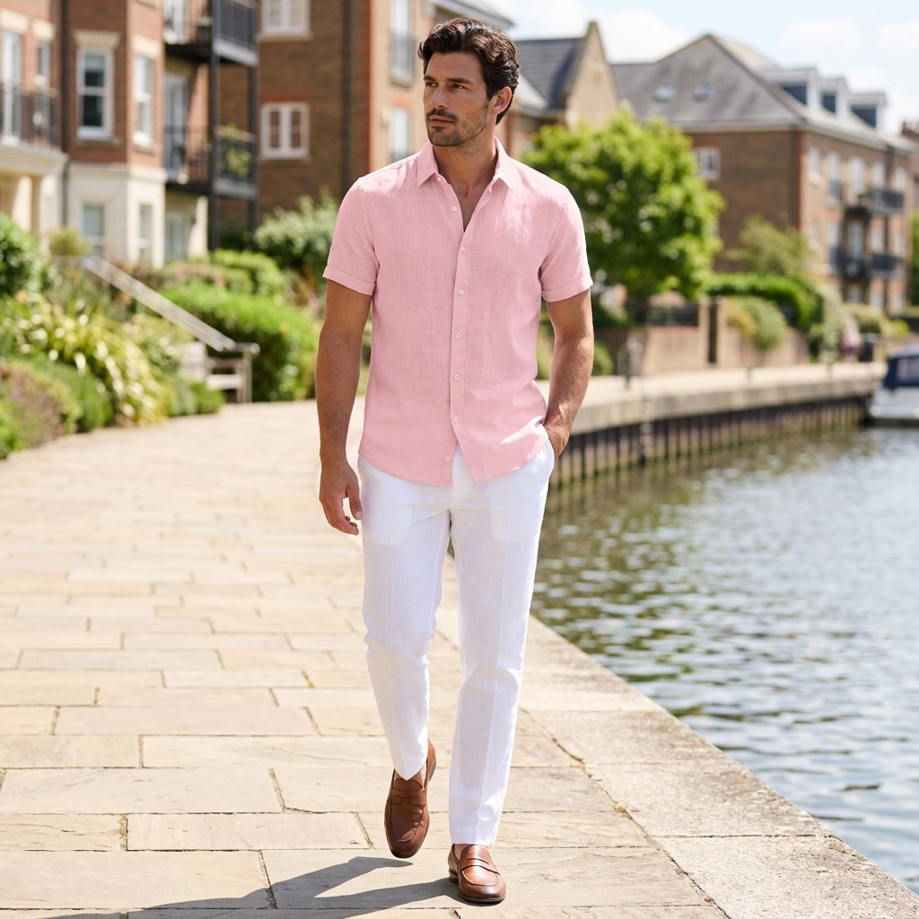 Men's button shirt featuring short sleeve styling