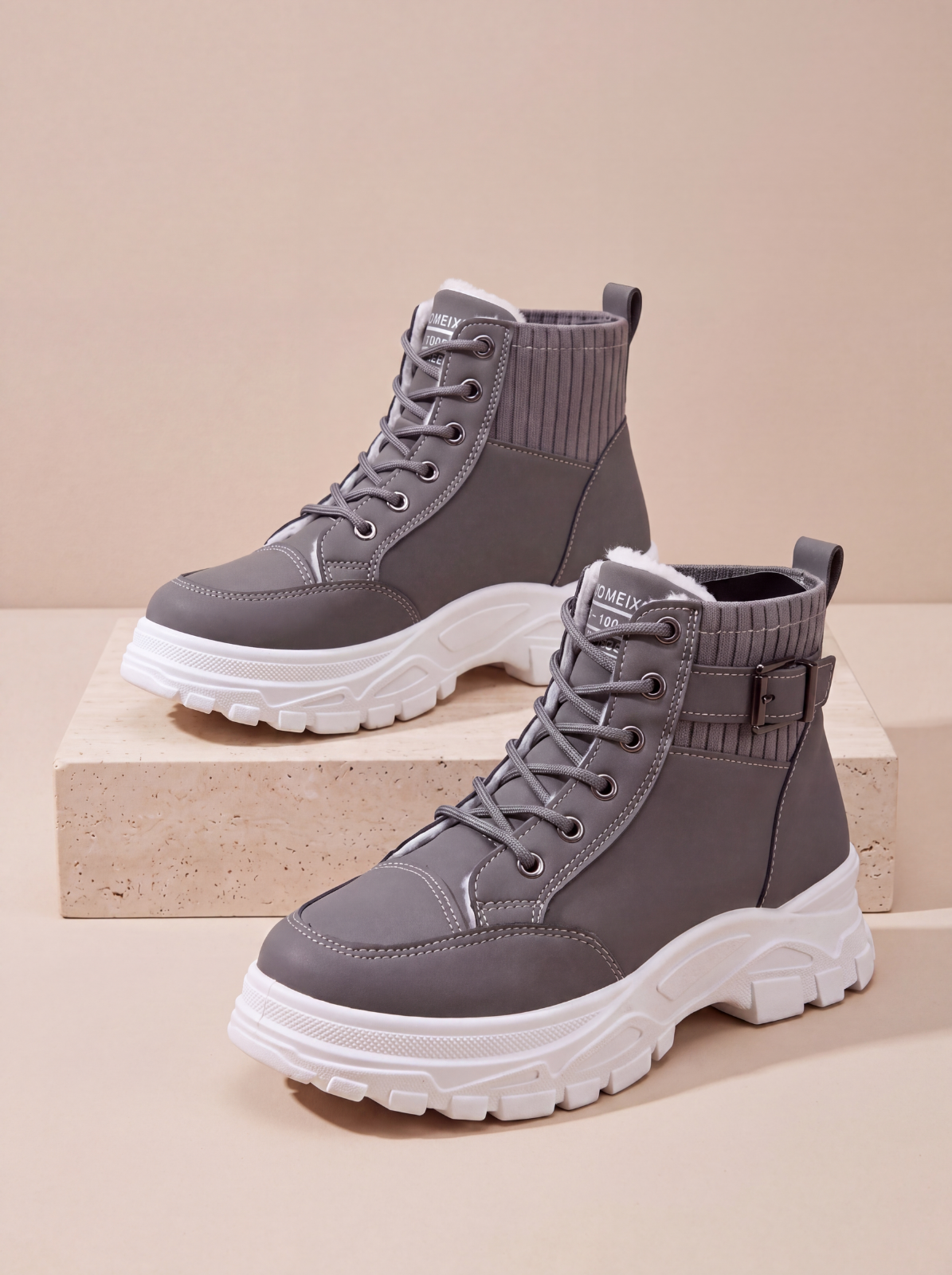 Faux leather ankle boots lace-up platform women