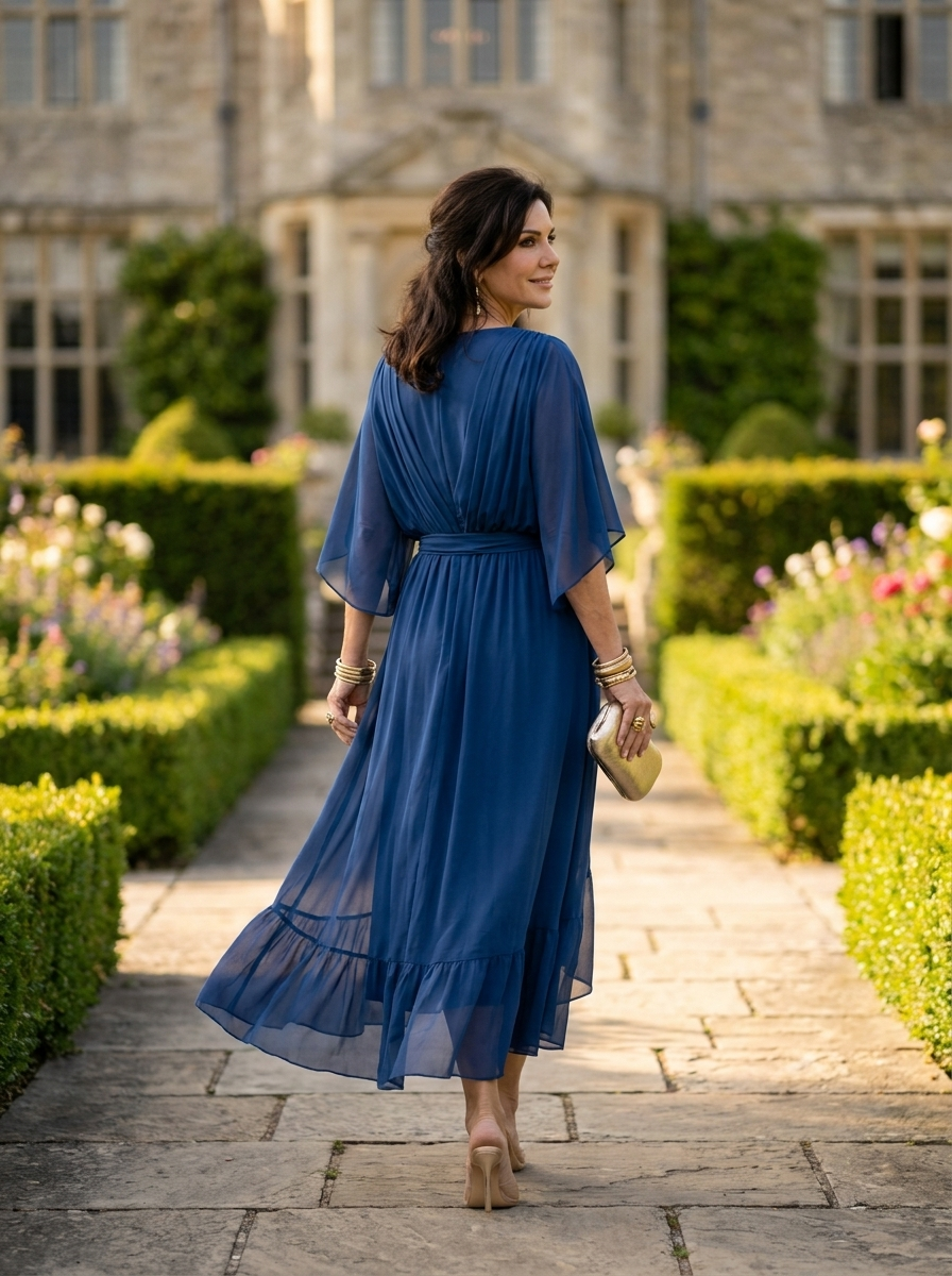 Women's navy blue V-neck chiffon midi dress with long sleeves and sash closure