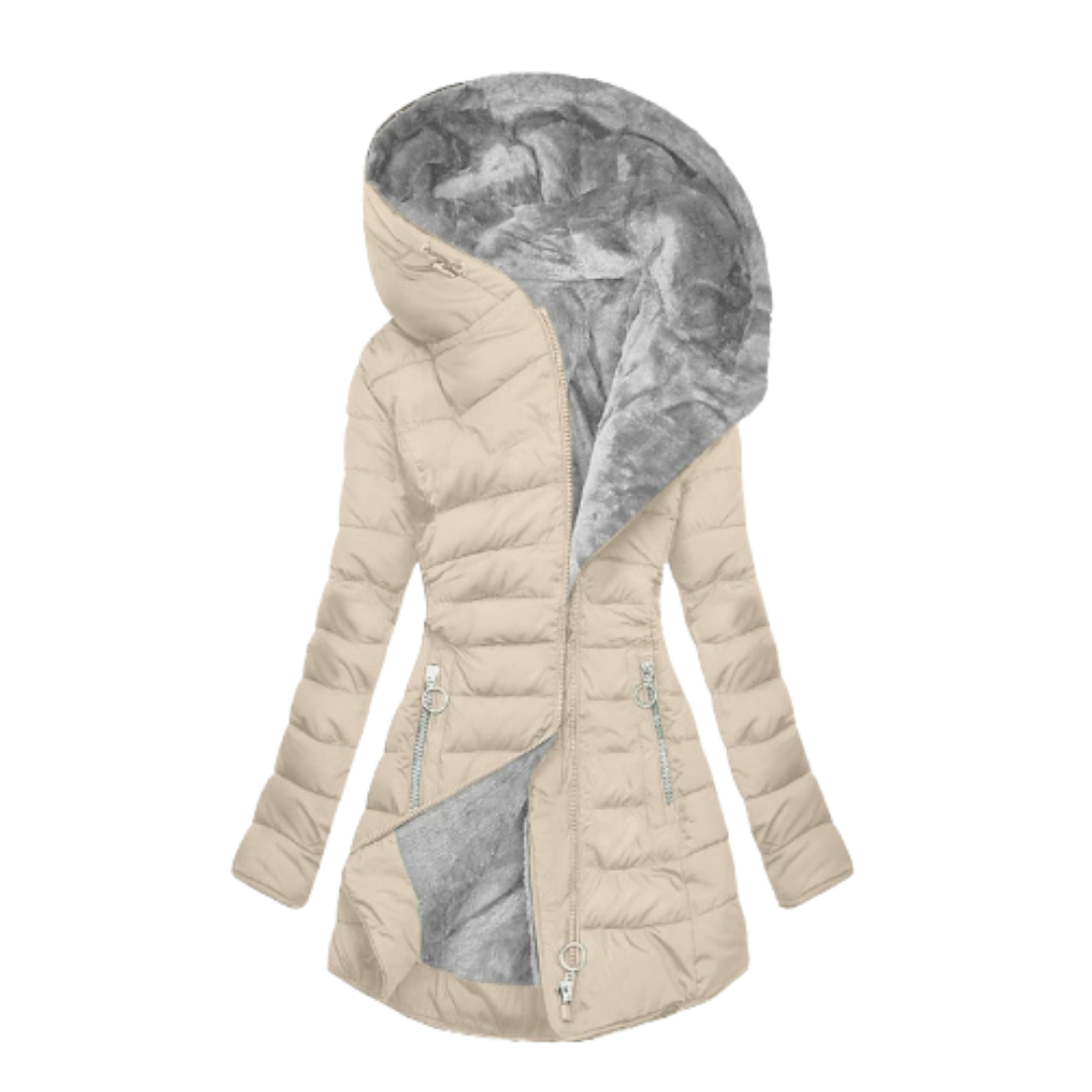 Quilted padded jacket with faux fur lining, hooded design, long length, women’s winter outerwear