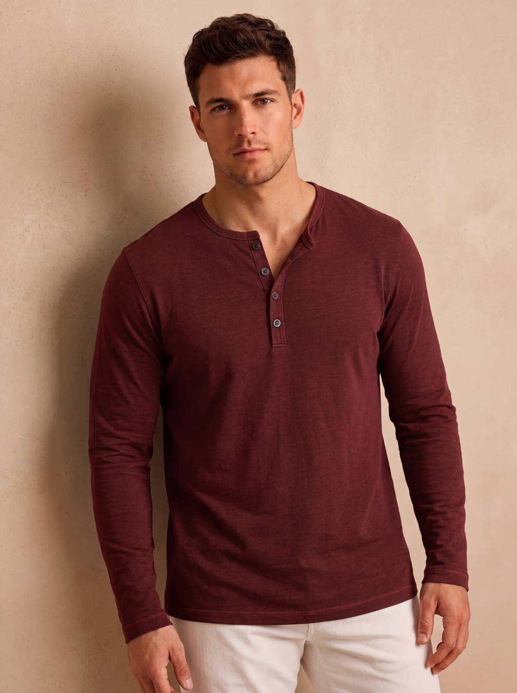 Cotton blend Henley top slim fit men