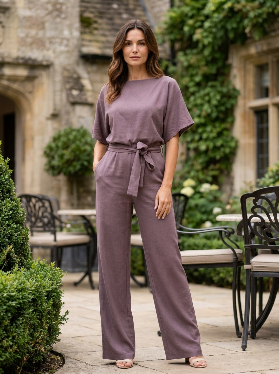 Women's full-length wide-leg jumpsuit in purple with elastic waist