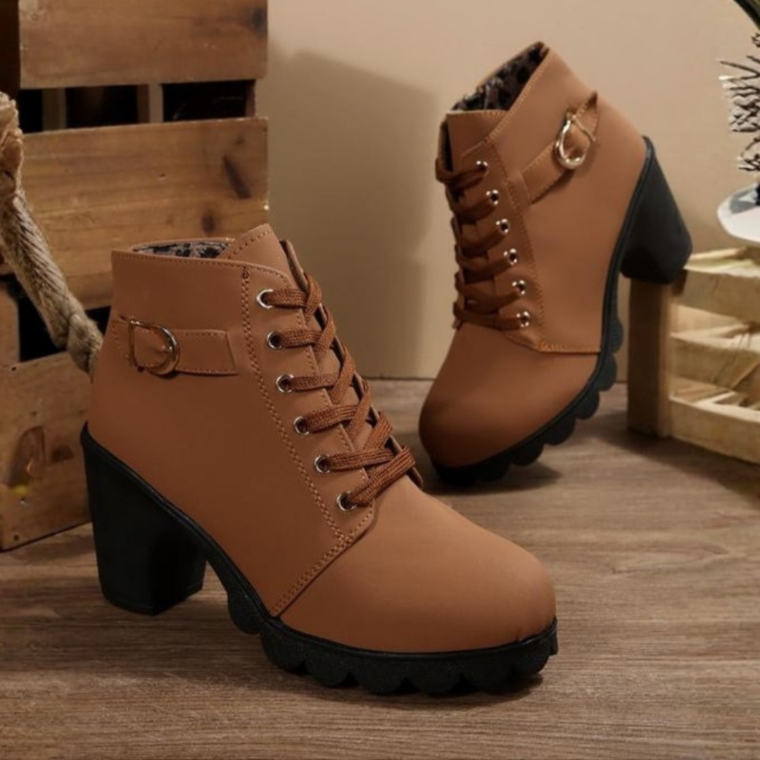 Women's brown chunky lace-up ankle boots with zipper fastening and metal buckle, PU construction