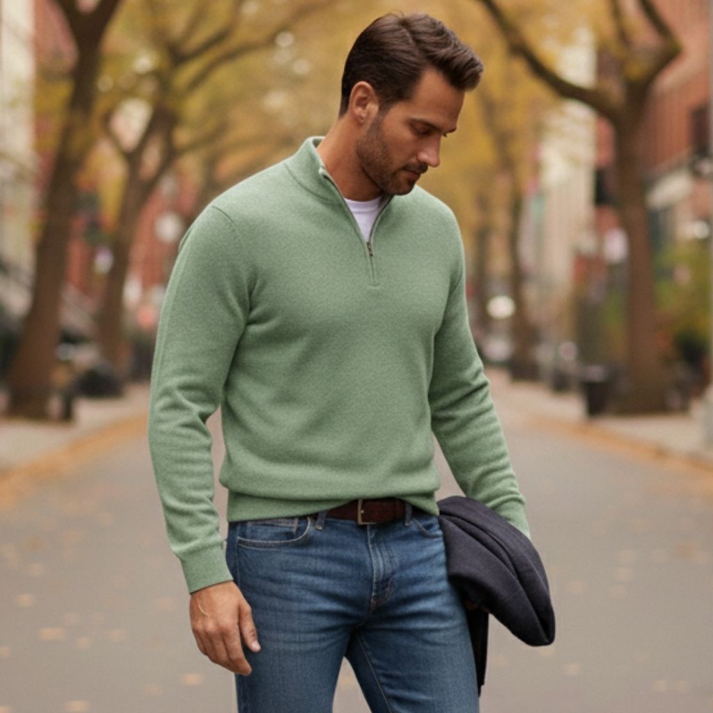 Pull Col V Zippé en Merino Doux Homme