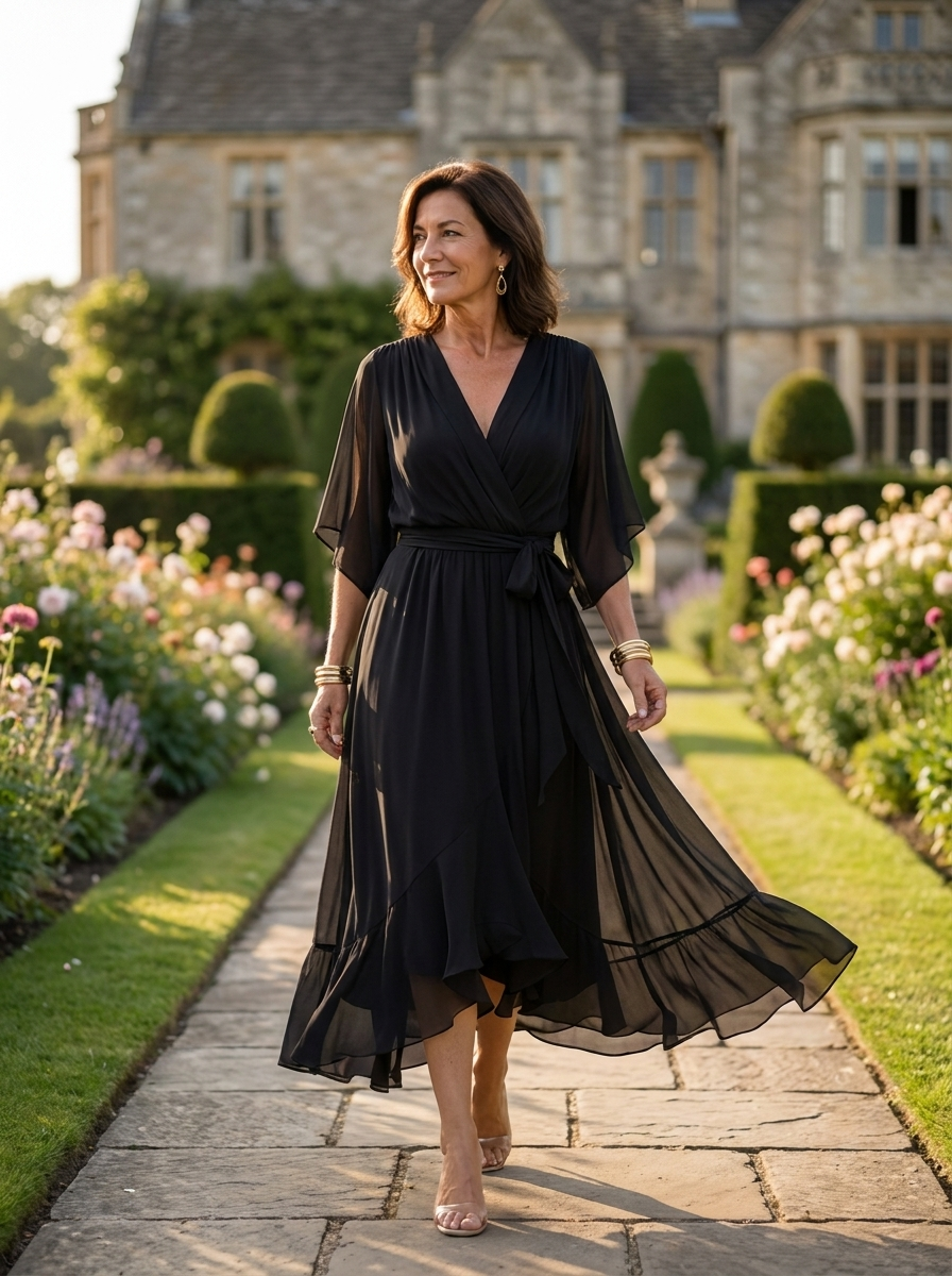 Women's black V-neck chiffon midi dress with long sleeves and sash closure