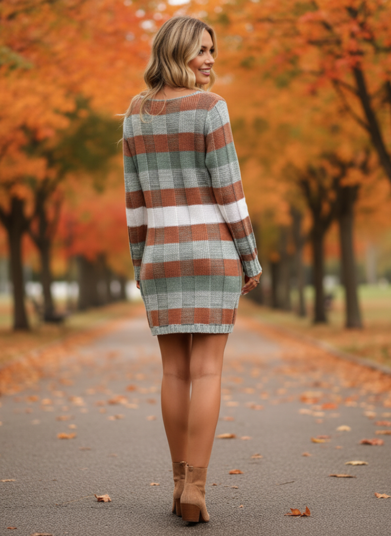 Robe Courte à Carreaux en Maille pour Femme