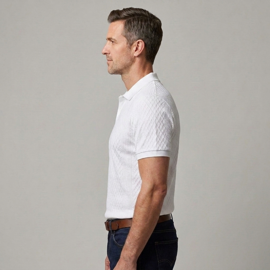 Close-up of the vertical ribbed knit texture and contrast trimmed polo collar on a men's polo shirt