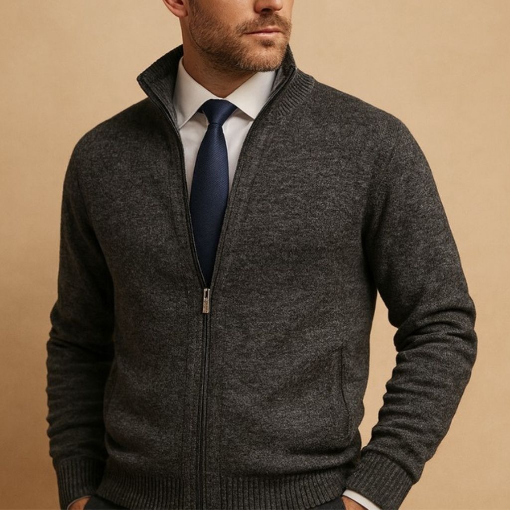 Cardigan à Col Côtelé Zippé Coupe Slim Homme