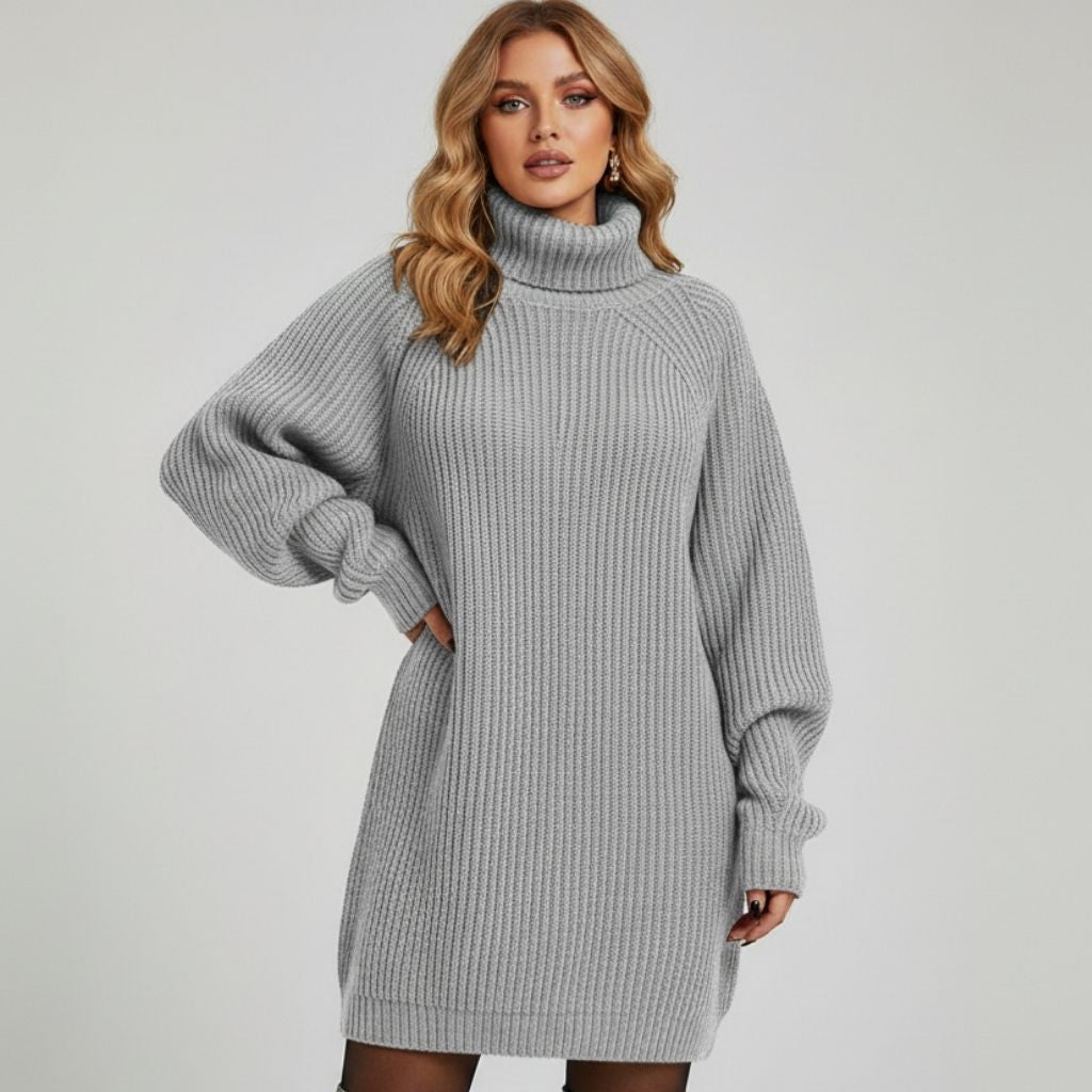 Robe Pull à Col Roulé Côtelé Coupe Slim Femme