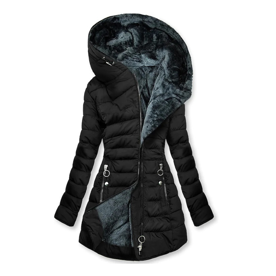 Padded winter jacket with faux fur lined hood, asymmetrical zip front, long fit, women’s outerwear