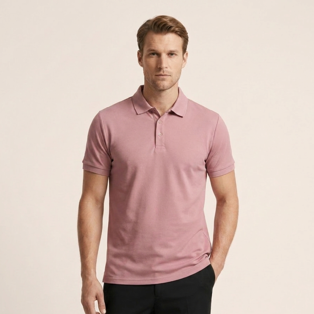 Complete front view of a regular fit short sleeve polo shirt with a classic collar and button fastening