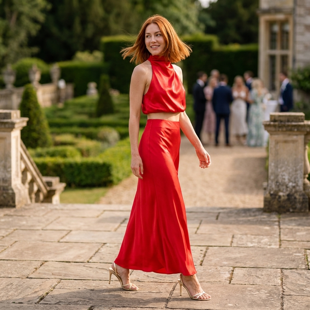 Women's coordinated outfit showcasing a long skirt silhouette