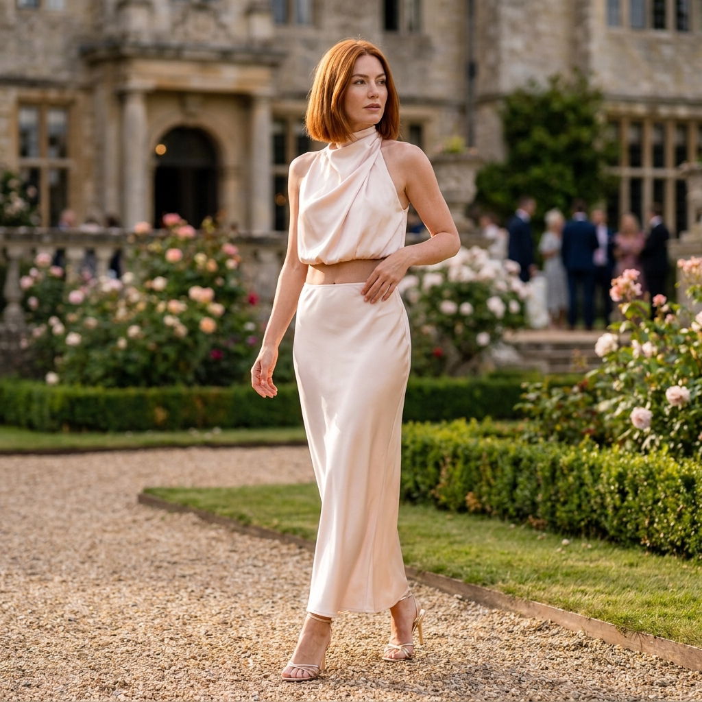 Women's backless skirt set showcasing the complete outfit design